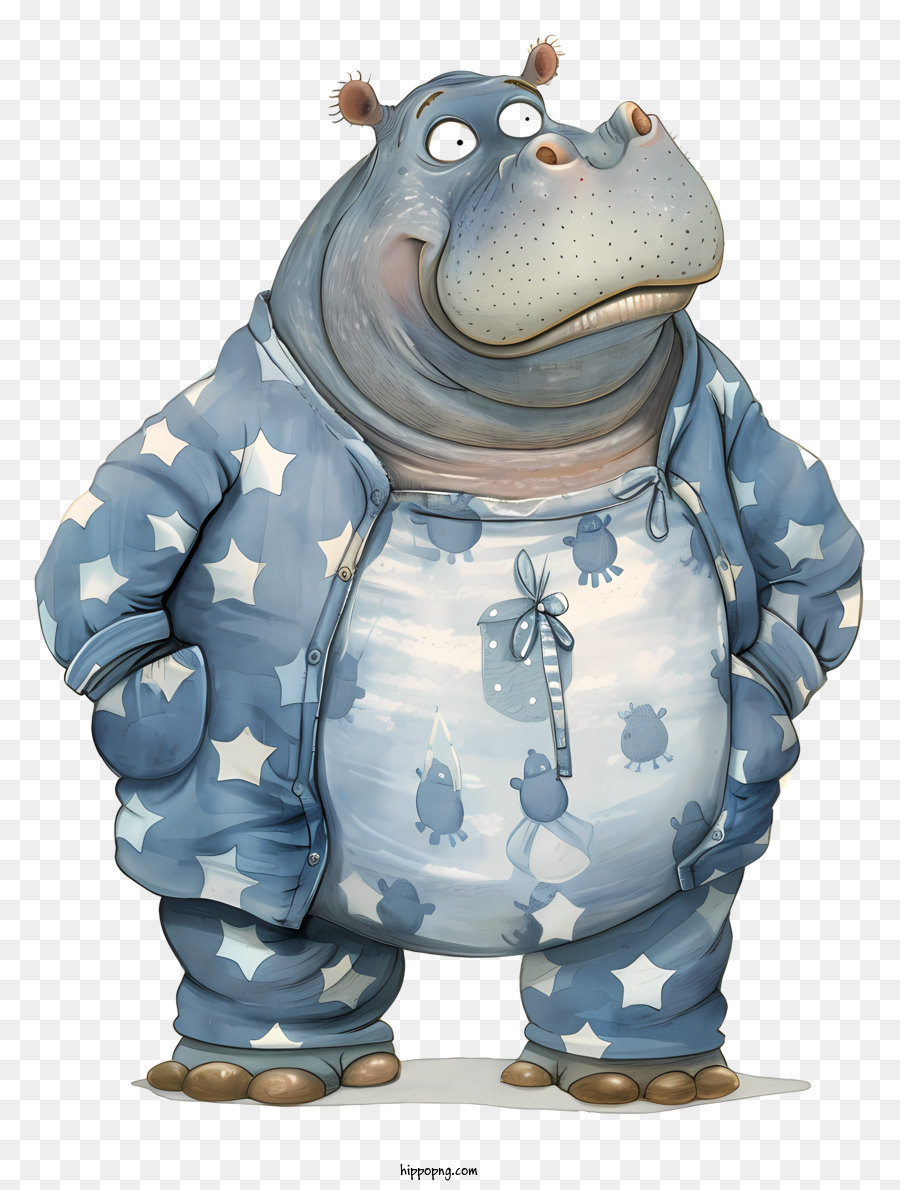 Hippopotamus in blue pajamas slippers arms crossed